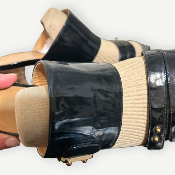 Hermès Black Patent Leather Sandals 36.5 Gold Hardware Buckle Heel Textured Stud - Picture 10 of 10